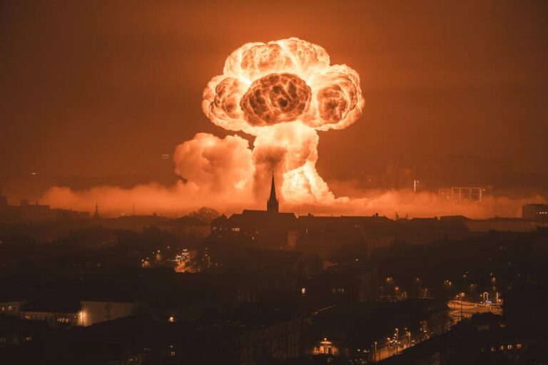 Nighttime cityscape with a large orange mushroom cloud rising above buildings after a nuclear explosion