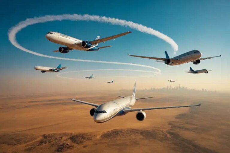 Fleet of airliners flying in formation above a desert landscape with contrails
