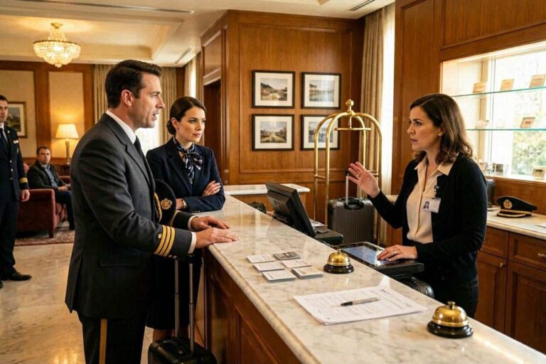 Front desk at a hotel where a uniformed concierge assists two guests with check-in at a marble counter