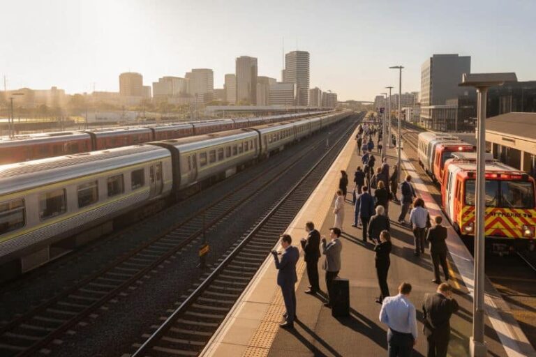 Busy city train platform at sunset with commuters waiting and trains on both sides, skyline in the distance.