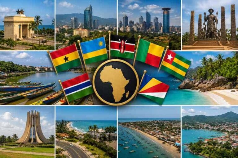 Collage celebrating Africa: a central gold Africa silhouette surrounded by multiple African flags, with beaches, cities and monuments in the background.