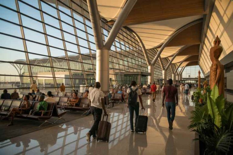 Busy airport terminal with travelers and rolling suitcases along a sunlit glass wall and curved ceiling supports.