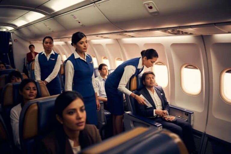 In an airplane cabin, flight attendants in blue uniforms stand while a female attendant serves a meal to a suited passenger near the window.