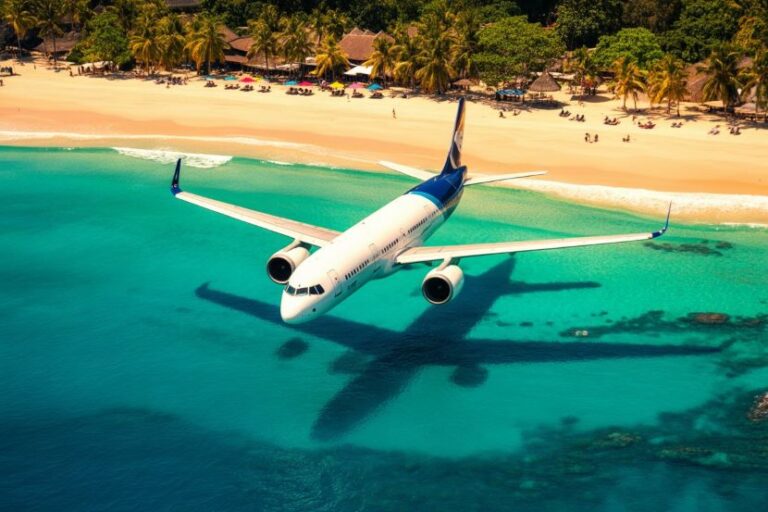 Airliner flying over turquoise sea with a sandy beach and palm trees in the background, shadow visible on water.
