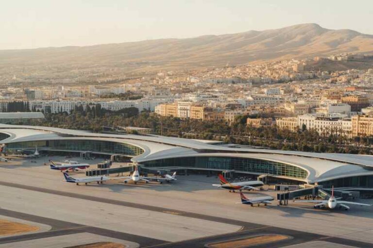 Modern airport terminal with curved glass roofs and small jets parked at gates, with city and mountains in the background.