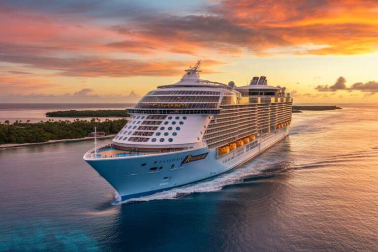 A large cruise ship sailing through calm tropical waters at sunset, with a pink-orange sky in the background.