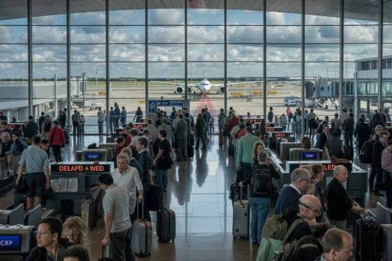 Crowded airport check-in area with passengers queuing at desks, visible jet on the tarmac through glass walls.