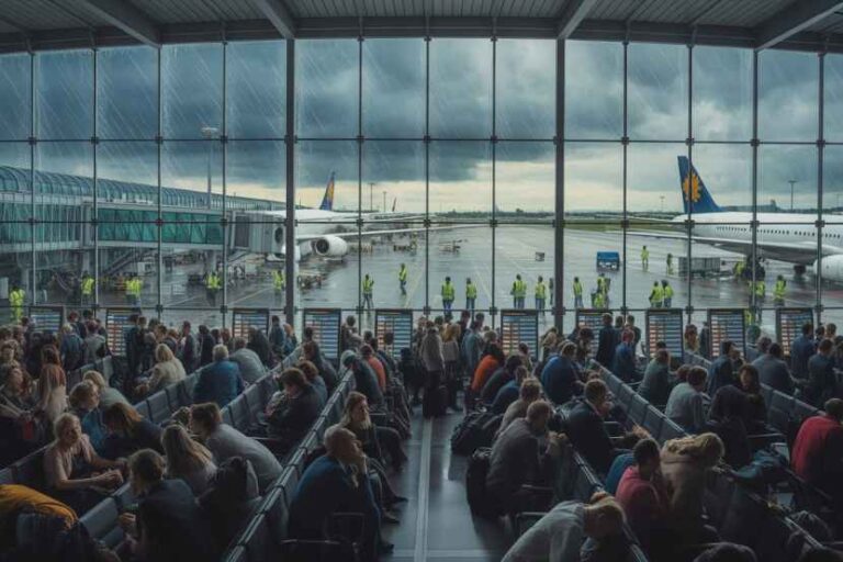 Busy airport departure lounge with passengers seated and planes at gates visible through large glass windows outside under a cloudy sky.