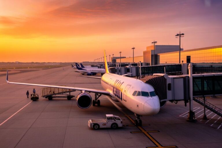 Airplane docked at a gate during sunset, with a jet bridge attached and ground vehicles nearby.