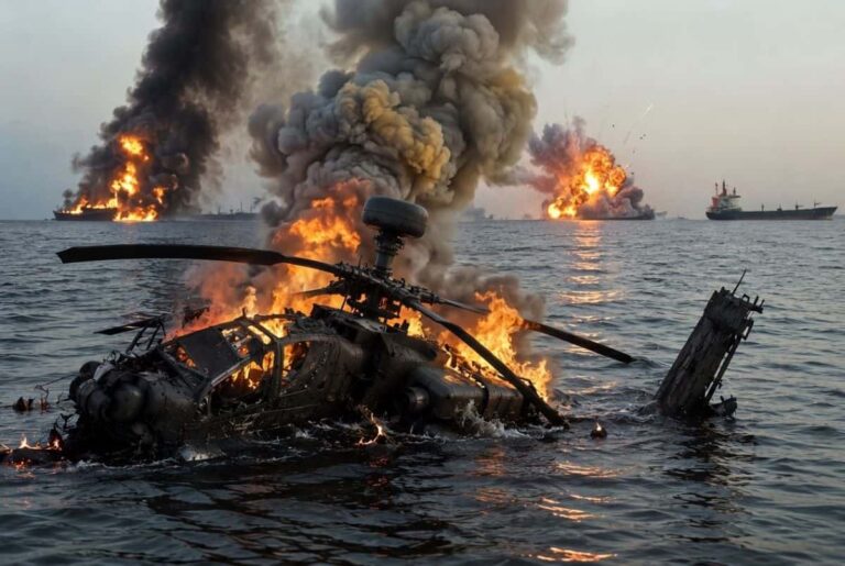 Downed military helicopter burning in the sea with flames and smoke, ships visible on the horizon.