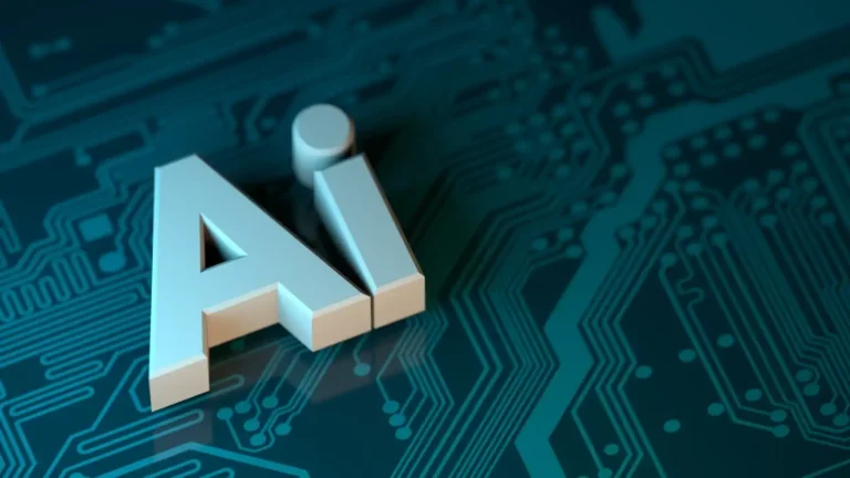 3D white 'AI' letters placed on a teal circuit-board background, symbolizing artificial intelligence in tech.