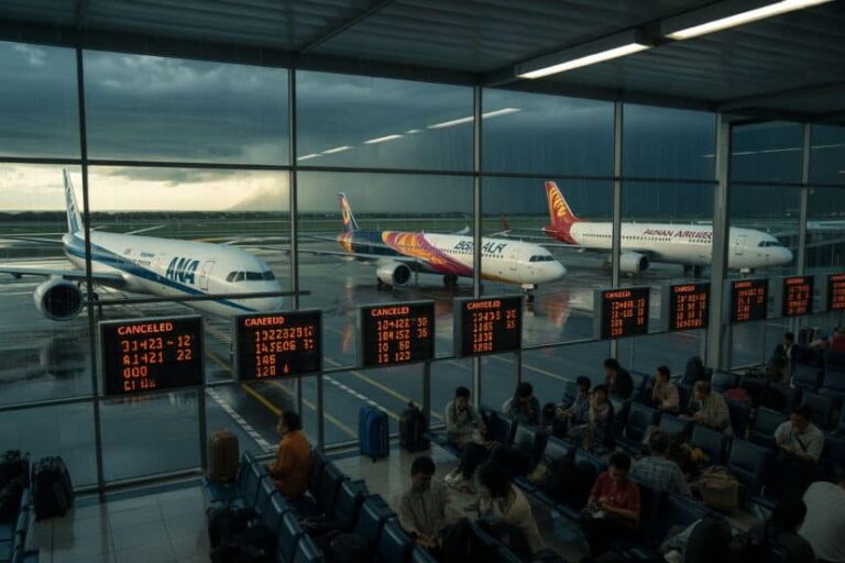 Passengers seated in a gate area as several airplanes are parked at the terminal windows with flight info boards visible outside the glass walls.