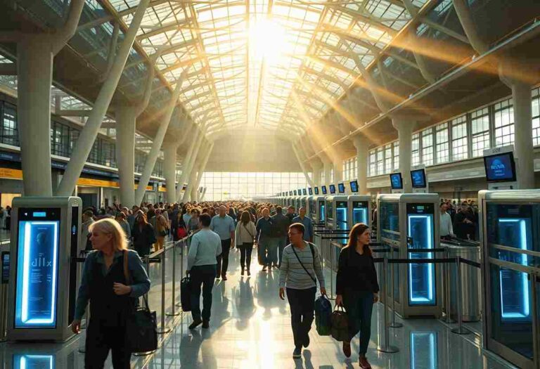 Busy airport terminal with a sunlit glass roof and long rows of blue-lit security kiosks, passengers walking with bags.