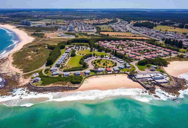 Aerial view of a coastal residential community with circular roads, green lawns, and clusters of houses along a rocky shoreline and turquoise ocean.