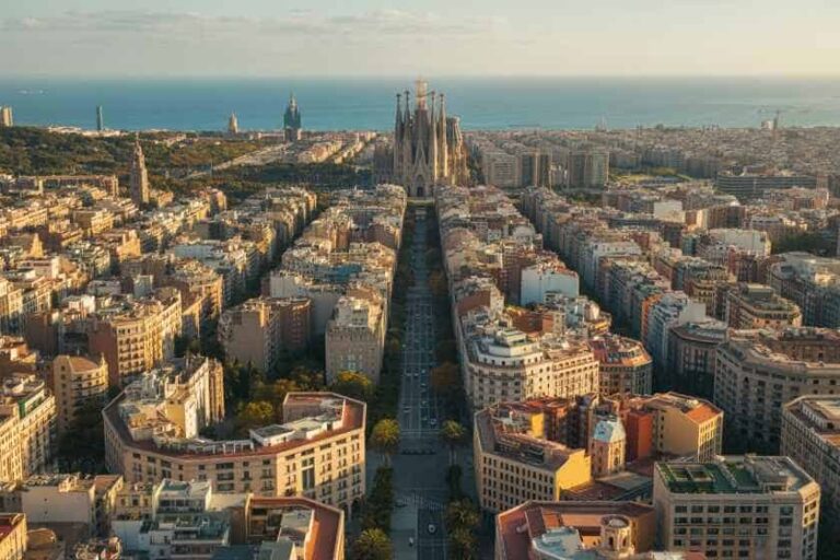 Aerial view of a dense city with a wide central avenue leading to a Gothic cathedral by the sea, Barcelona skyline in daylight.