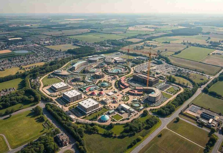 Aerial view of a circular, multi-building campus under construction with a tall crane in the center.