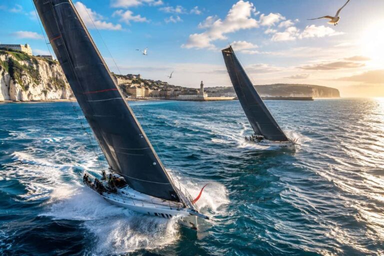 Two sailboats race across blue sea near a rocky coastline at sunset, waves spray around the hulls.