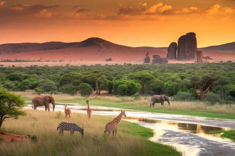 Sunset over a savannah with elephants, giraffes, and zebras near a waterhole.