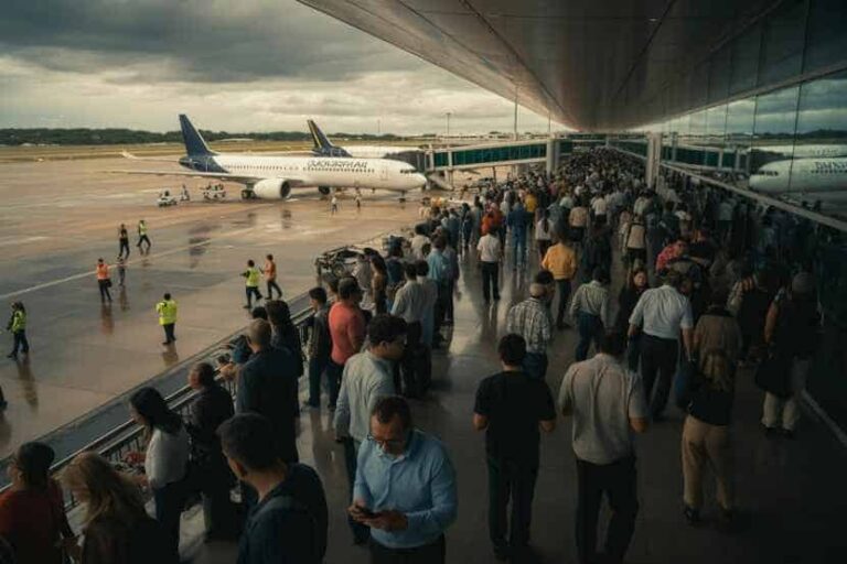 Crowded airport jet bridge with passengers lining up to board a plane at the gate on a rainy tarmac court.