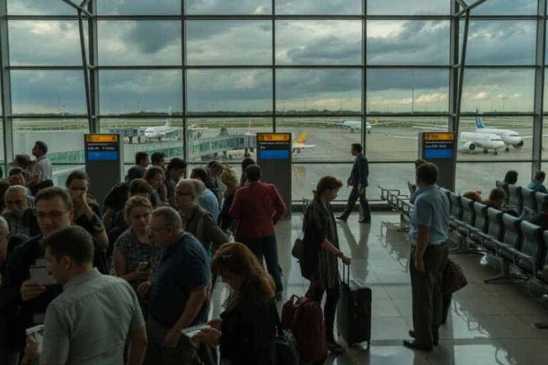 Crowded airport departure hall with travelers waiting and boarding gates, airplanes visible outside.