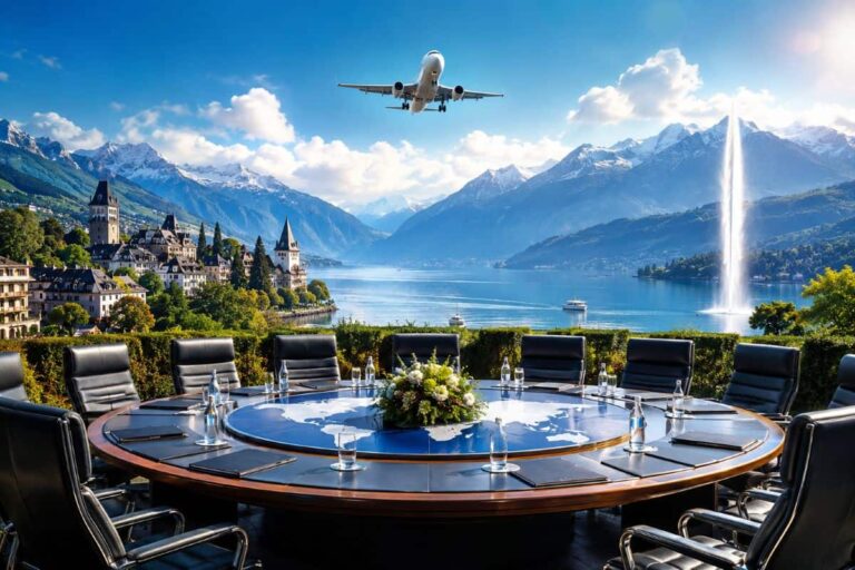 Round conference table with water bottles and a floral centerpiece on a terrace, overlooking a lake and snow-capped mountains with an airplane overhead.