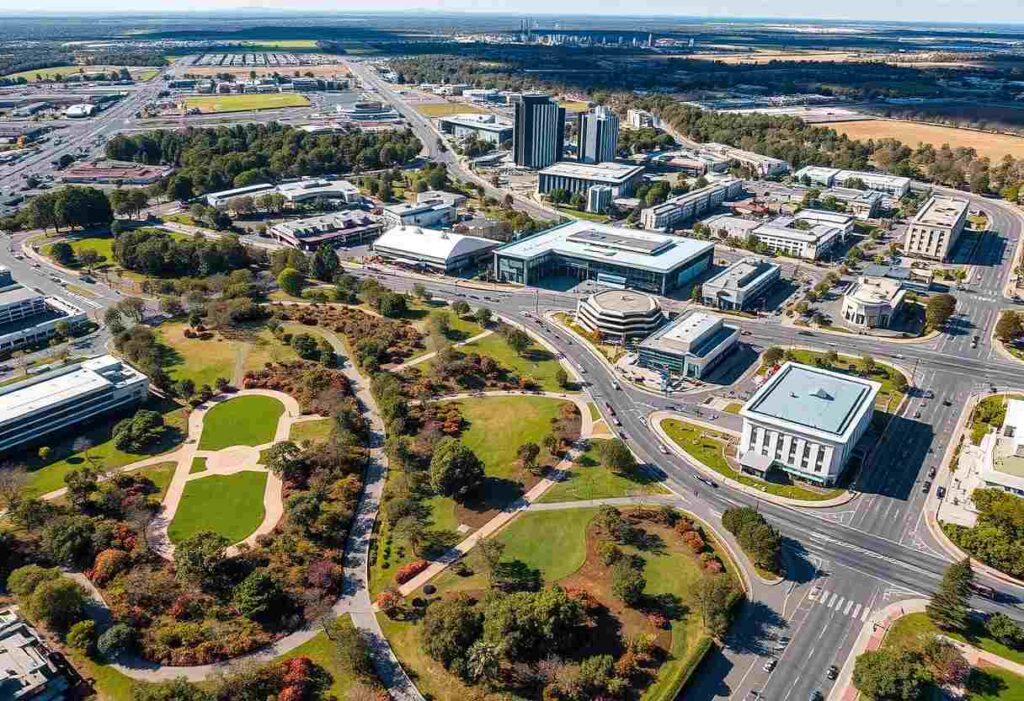 Aerial view of a university campus with green parks, circular walking paths, and modern buildings along networked roads. (Informational image)