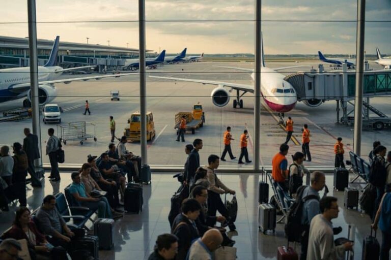 Busy airport terminal interior with travelers seated and luggage; windows reveal planes at gates outside.
