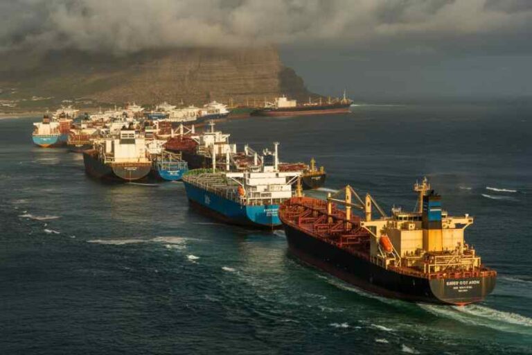 Row of large cargo ships lined up in a harbor with colorful hulls and calm water near a rocky coastline under a cloudy sky.