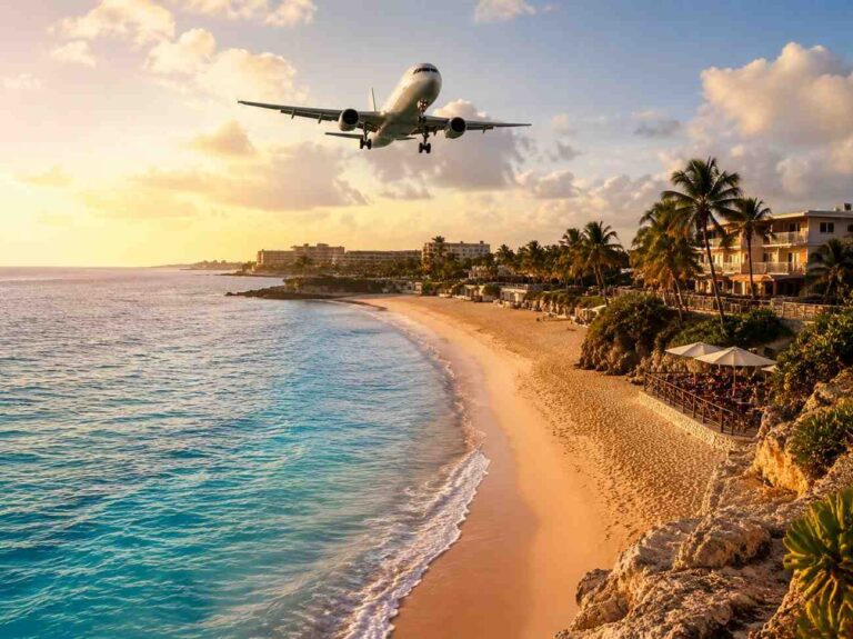 Airplane descending toward a tropical beach resort at sunset over the water and palm trees.