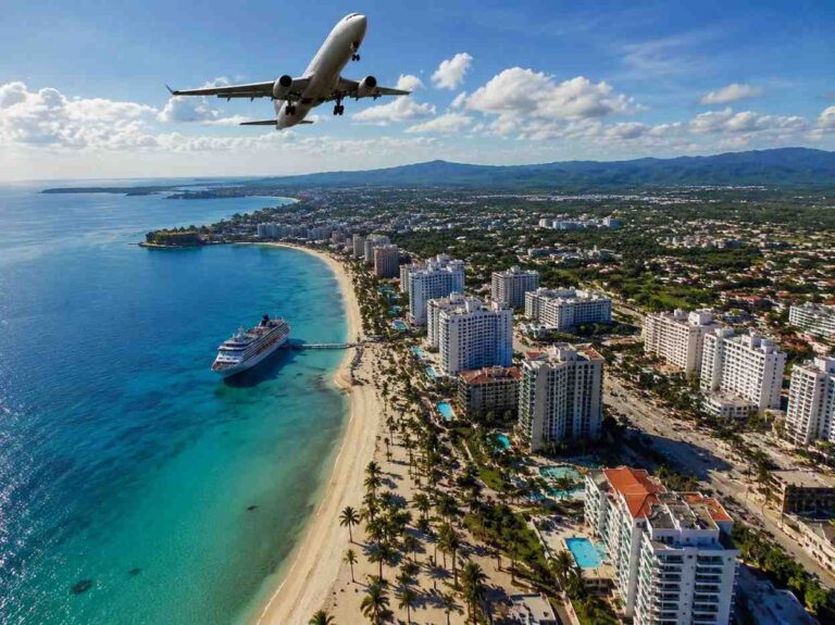 Airplane flying low over a tropical coastal city with a sandy beach, palm trees, high-rise hotels, and a cruise ship docked at the pier.
