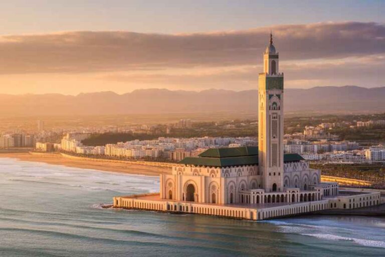 Hassan II Mosque on a seawall by the Atlantic at sunset, Casablanca, with a golden sky and calm waves.