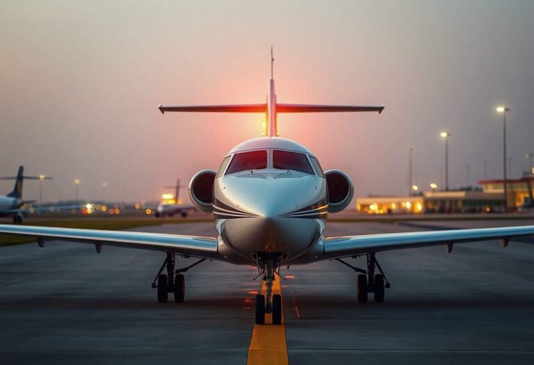 Front view of a private jet on a runway, facing the camera with sunset glow behind it and taxiway lines ahead of it.