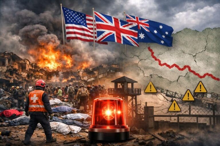 War-torn scene with firefighters amid rubble, flames, and a red flashing emergency beacon; US, UK, and Australia flags wave overhead near a security fence.