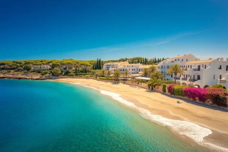 Sunny coastal scene with a sandy beach, turquoise water, and white Mediterranean buildings along the shore, under a bright sky.