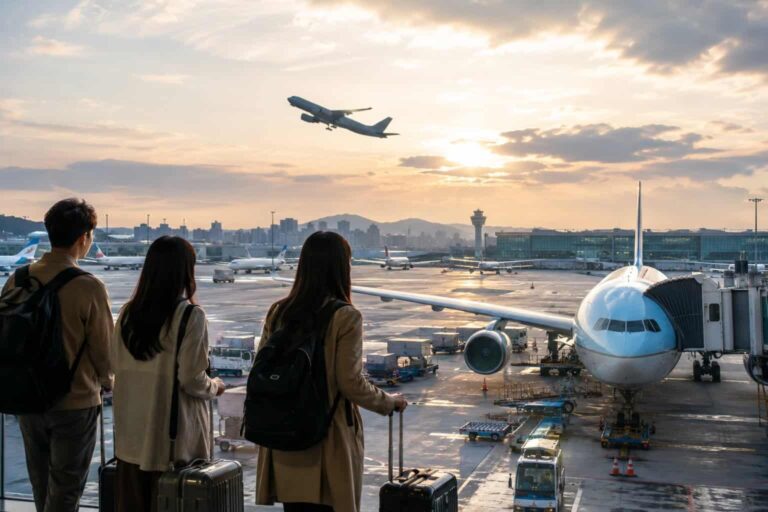 Three travelers with rolling suitcases stand at an airport gate, watching a plane ascend during sunset over the tarmac.