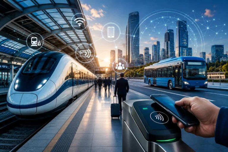 Smart city transit scene: high-speed train at a platform, blue city bus, and a person tapping a phone at a contactless gate.