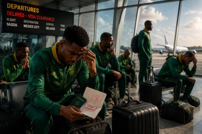 Soccer players in green tracksuits sit with luggage at an airport departures area; one holds a passport stamped 'Visa Pending' as they wait.