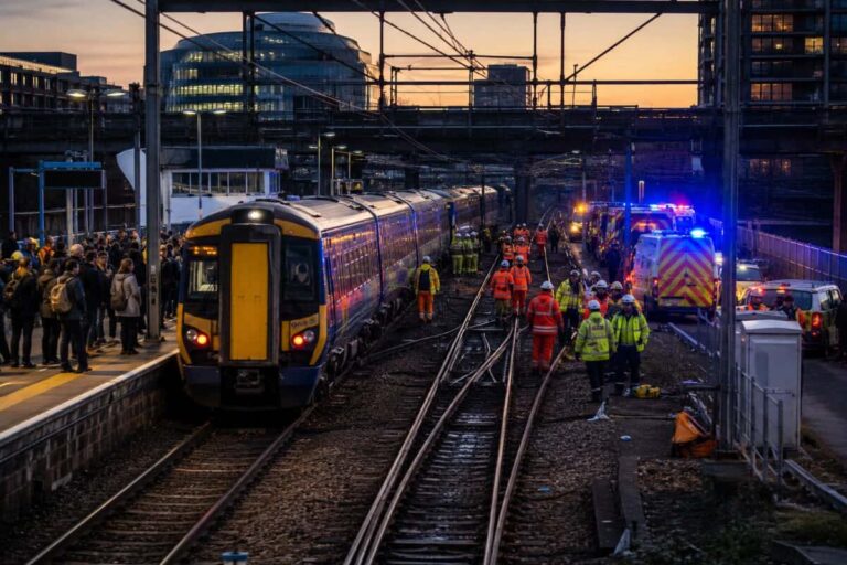 Scene at dusk: a train halted on tracks with passengers on the platform and emergency responders assessing the scene.