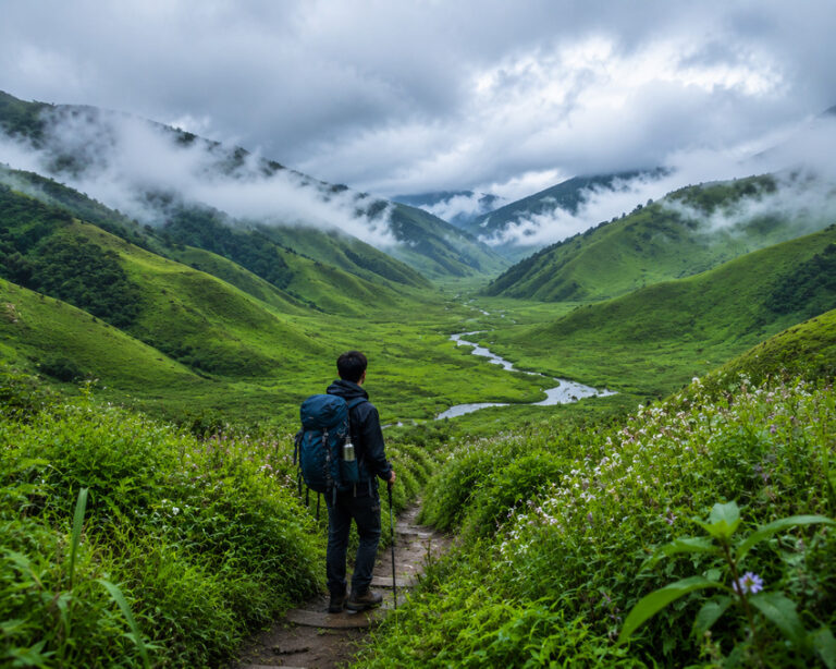 Hiker with backpack stands on a trail in a lush green valley, a winding river below and foggy mountains in the distance.