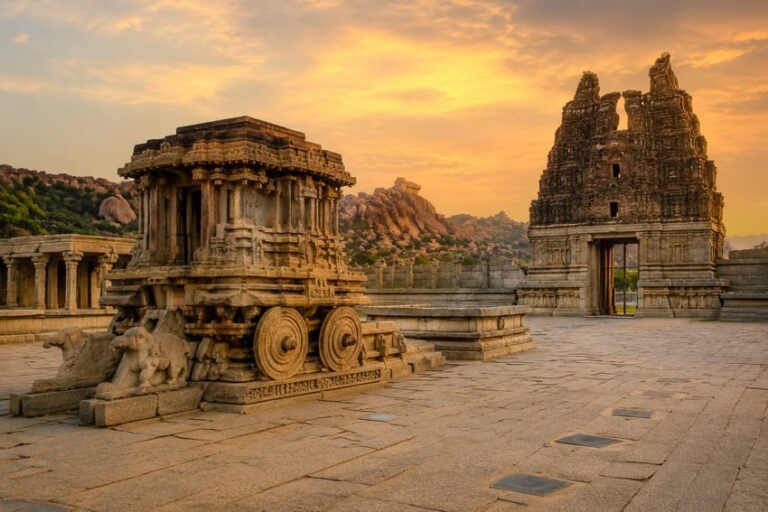 Stone chariot sculpture in a temple courtyard at sunset, with a gate and rocky hills in the distance.