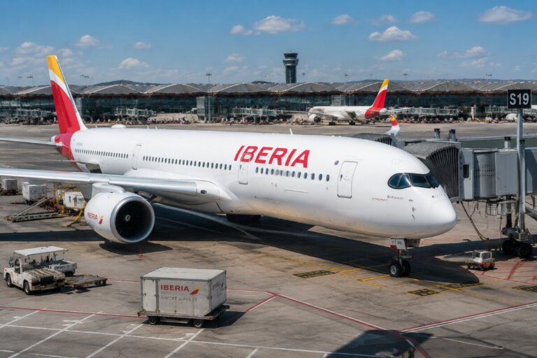 White Iberia jet at a gate, connected to a jet bridge with ground support equipment nearby at the airport tarmac.