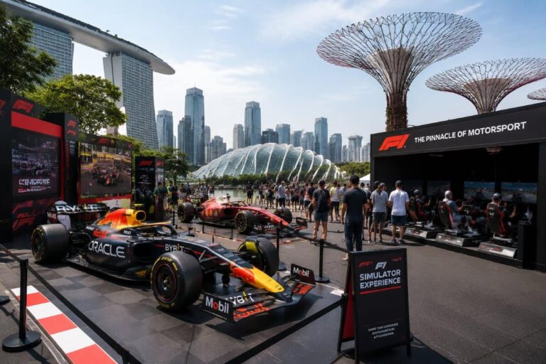 Formula 1 race car on display at an outdoor motorsport exhibit with spectators and cityscape in the background.