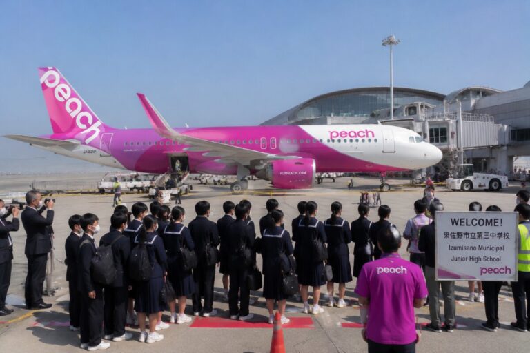 Pink Peach Airlines aircraft on the tarmac as students in uniforms line up to welcome passengers beside a Welcome sign showing Izumisano Municipal Junior High School