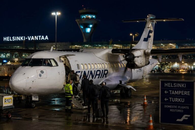 White Finnair turboprop aircraft at night with passengers boarding through an open door at Helsinki–Vantaa airport; control tower and signs in the background.