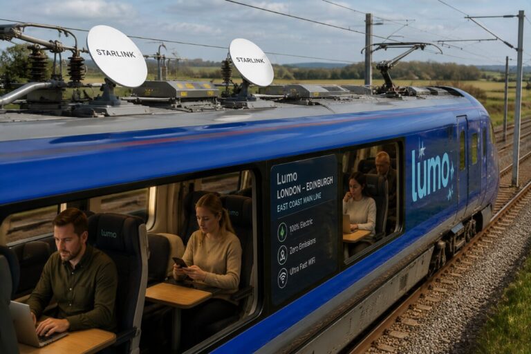 Blue Lumo train on a track with passengers inside using laptops and phones, visible route signage on the window edge and satellite domes on the roof.