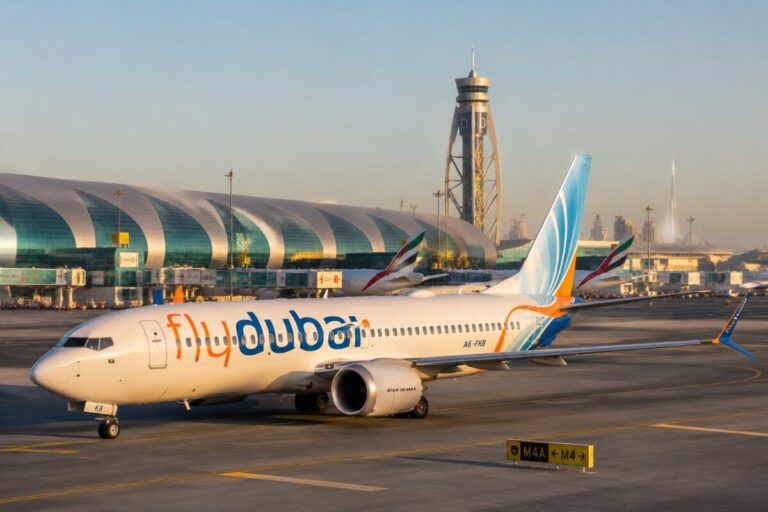 White Flydubai passenger jet on the tarmac with a modern glass-terminal airport and control tower in the background.