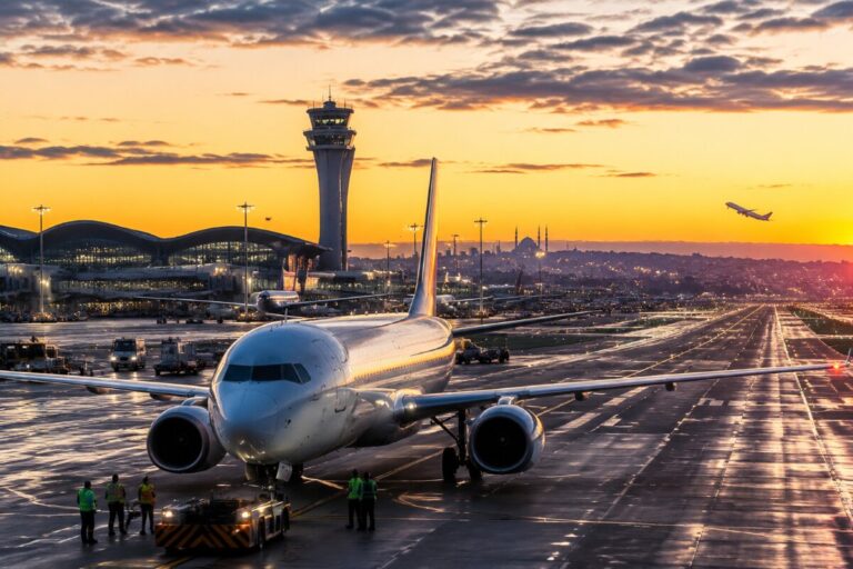 Airplane on a runway at sunset with the airport terminal and control tower in the background.