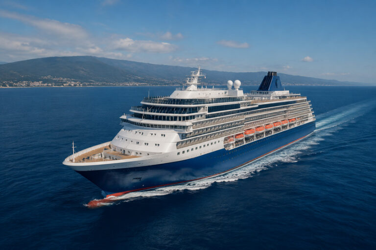 A large white and blue cruise ship sails through calm blue water with a coastal hills backdrop in clear weather.