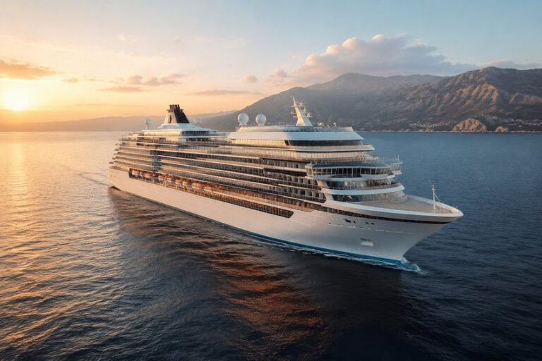 Large white cruise ship sailing at sunset near a rocky coastline with mountains in the distance, calm sea underneath.