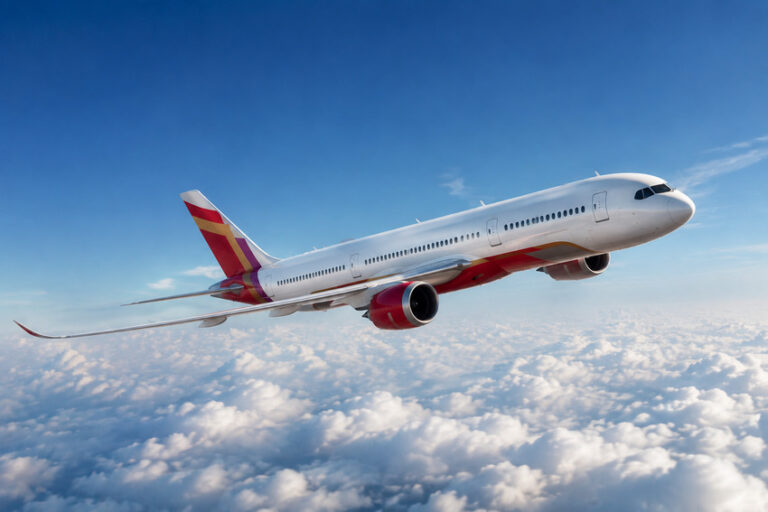 White commercial airliner cruising above clouds in a clear blue sky, showing red engine nacelles and a colorful tail design.